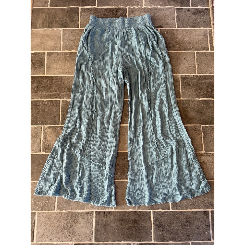 Umgee Robin Egg Blue Linen Wide Leg Frayed Palazzo Pants with Front Pockets S